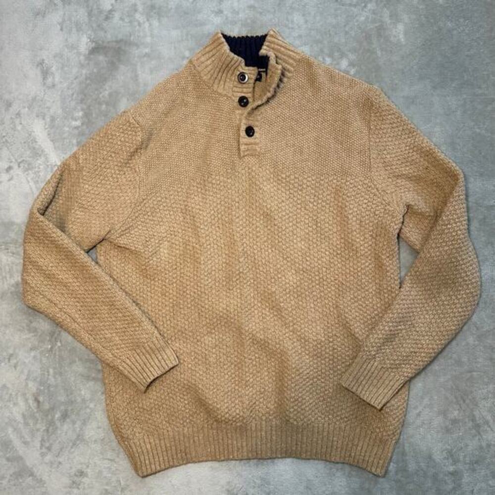 Lands End Mockneck Sweater Sz XL Henley Knit Tan Cotton Blend 3 Button Pullover